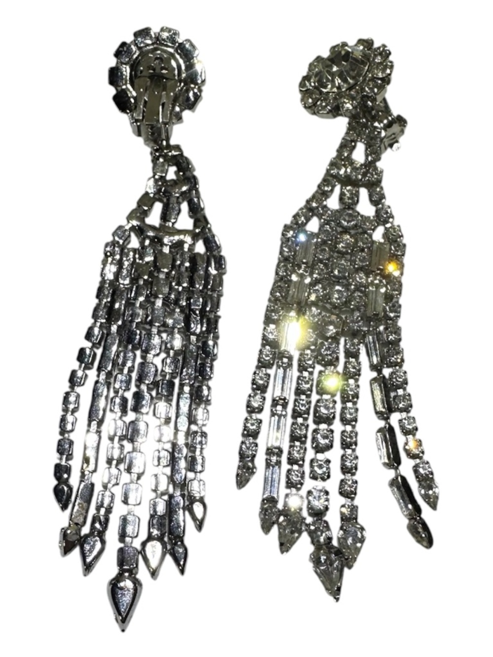 Vintage 1950s–1960s Rhinestone Waterfall Chandelier Clip-On Earrings | Hollywood